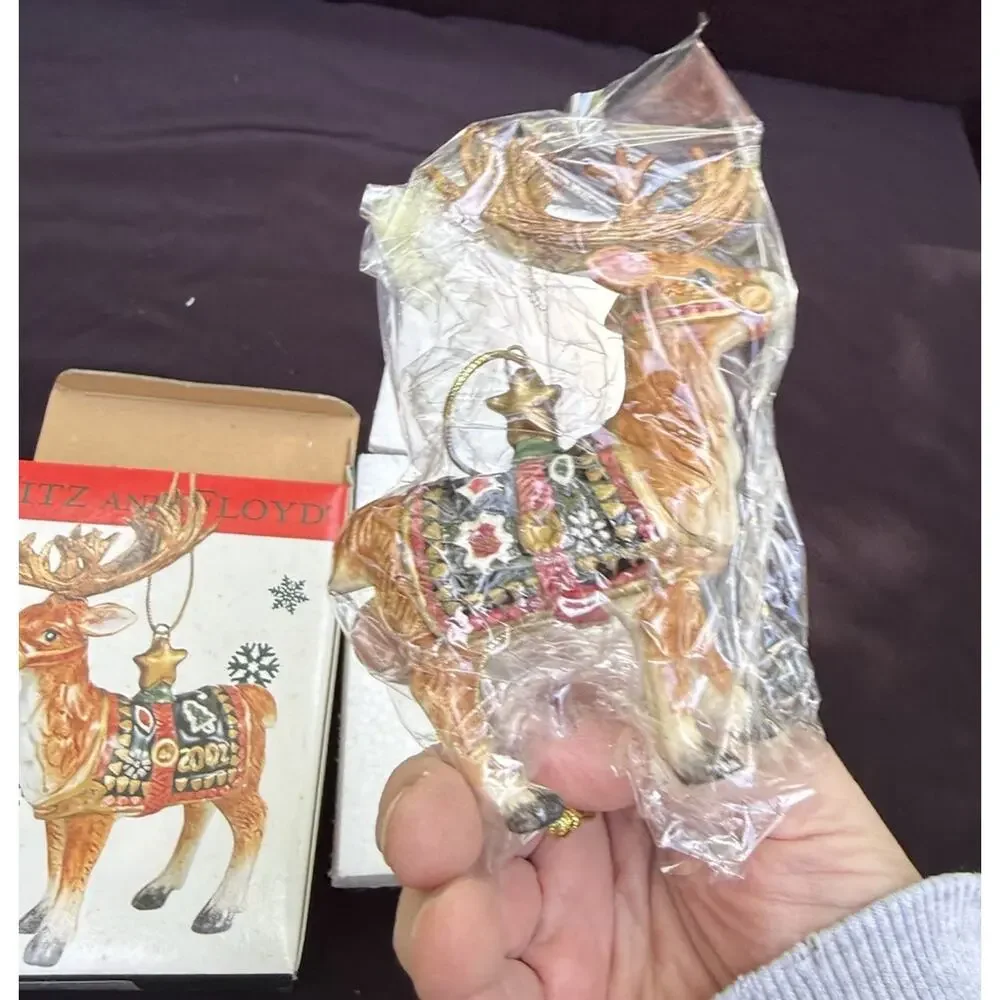 New Fitz and Floyd 2002 Reindeer Christmas Ornament Hand Painted Ceramic -46D